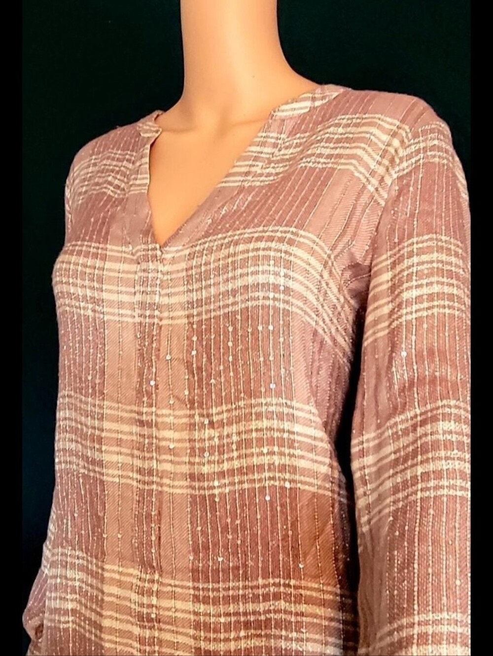 Jennifer Lopez Mauve Plaid V-Neck Top with Metallic Thread